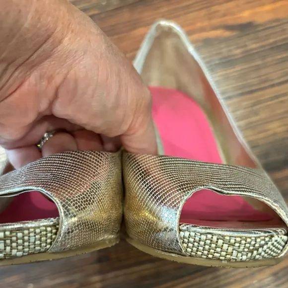 Lilly Pulitzer Resort Chic Peep Toe Gold Cork Wedge Heel Sz 6.5