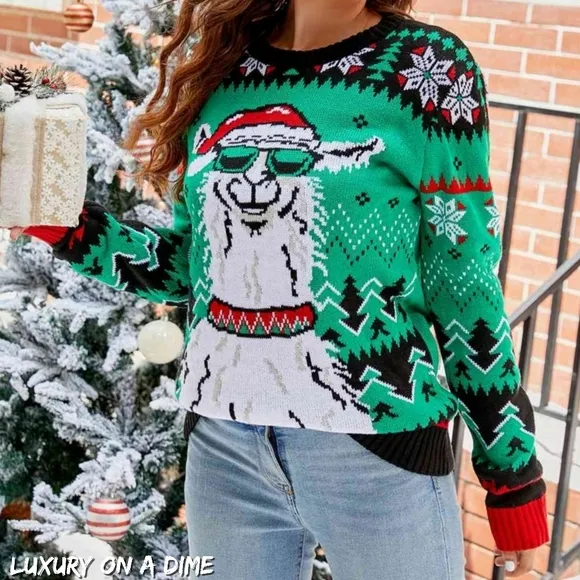 Llama Santa Festive Knit Print Round Neck Long Sleeve Holiday Sweater Christmas