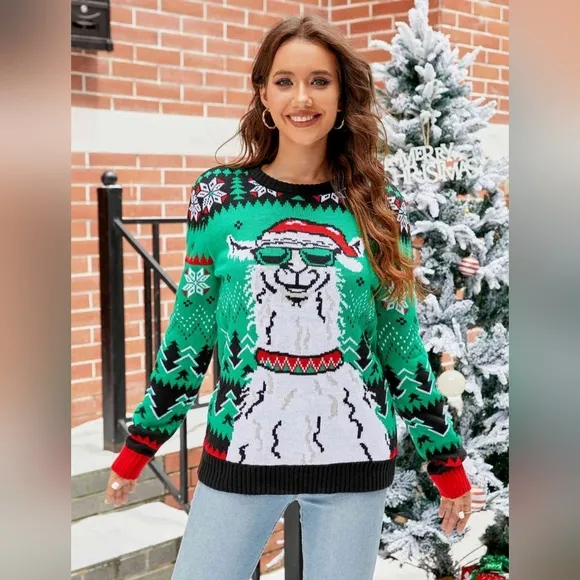Llama Santa Festive Knit Print Round Neck Long Sleeve Holiday Sweater Christmas