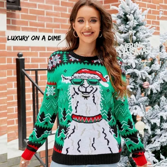 Llama Santa Festive Knit Print Round Neck Long Sleeve Holiday Sweater Christmas