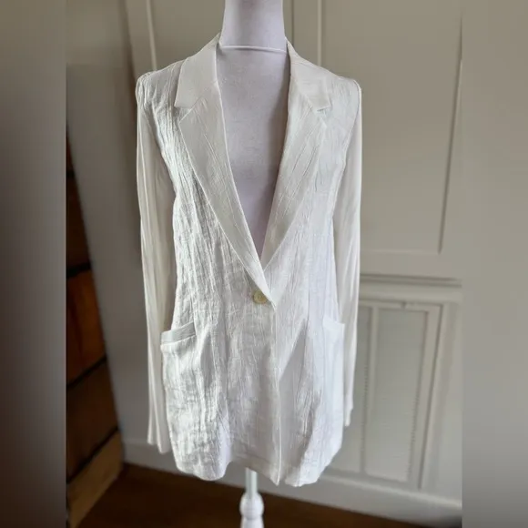 Lola &amp; Sophie White Lightweight Single Button Jacket Blazer Knit Sleeves Medium