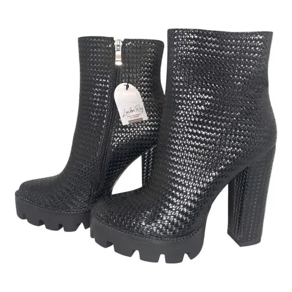 London Rag Black Weave Textured Chunky Heelef Boots