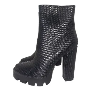 London Rag Black Weave Textured Chunky Heelef Boots