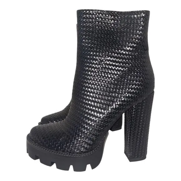 London Rag Black Weave Textured Chunky Heelef Boots
