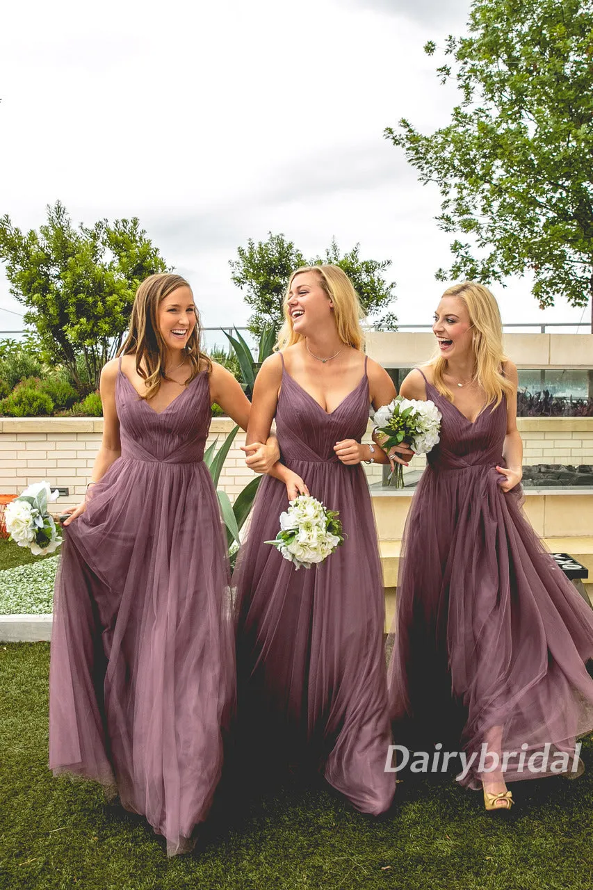 Long Bridesmaid Dress, Tulle Bridesmaid Dress, Spaghetti Straps Bridesmaid Dress, V-Neck Bridesmaid Dress, Cheap Bridesmaid Dress, Floor-Length Bridesmaid Dress, DA853