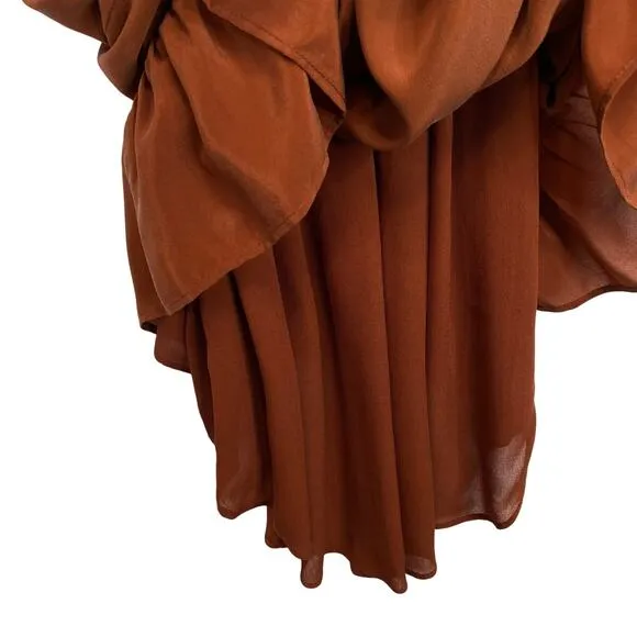 LOVE SAM Blixen Smocked Dress 100% Silk Cognac Brown Ruffles Boho Cowgirl Sz S