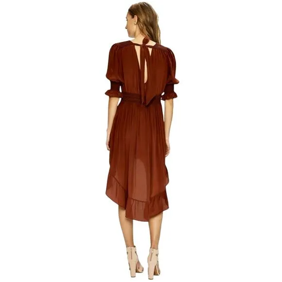 LOVE SAM Blixen Smocked Dress 100% Silk Cognac Brown Ruffles Boho Cowgirl Sz S