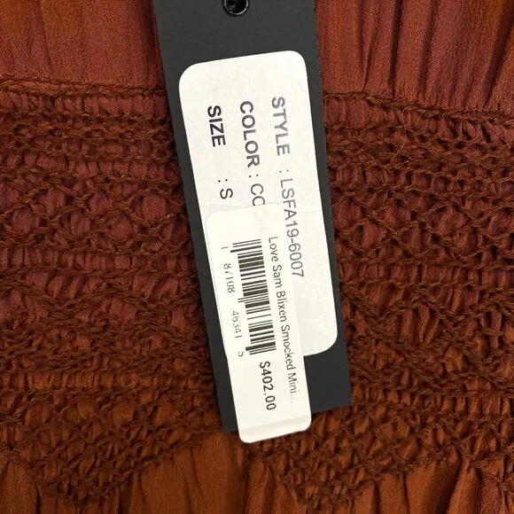 LOVE SAM Blixen Smocked Dress 100% Silk Cognac Brown Ruffles Boho Cowgirl Sz S