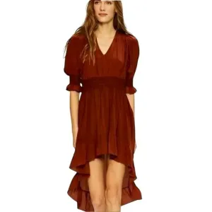LOVE SAM Blixen Smocked Dress 100% Silk Cognac Brown Ruffles Boho Cowgirl Sz S