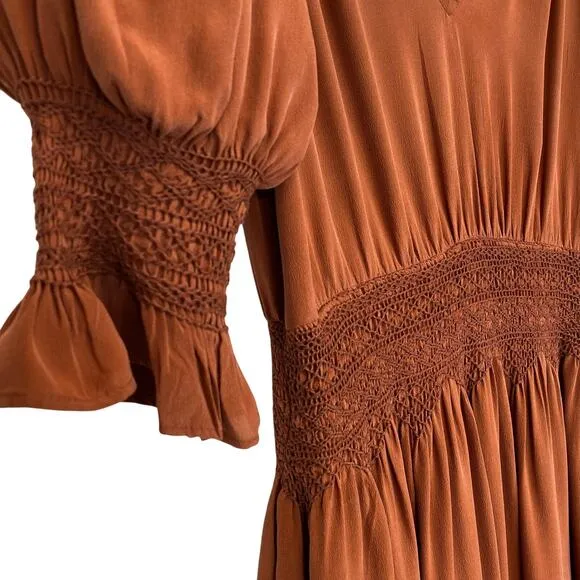 LOVE SAM Blixen Smocked Dress 100% Silk Cognac Brown Ruffles Boho Cowgirl Sz S