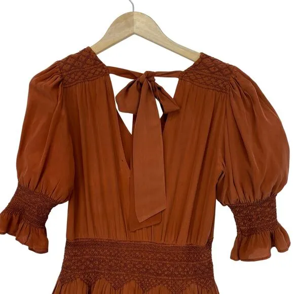 LOVE SAM Blixen Smocked Dress 100% Silk Cognac Brown Ruffles Boho Cowgirl Sz S