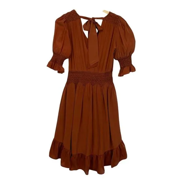 LOVE SAM Blixen Smocked Dress 100% Silk Cognac Brown Ruffles Boho Cowgirl Sz S