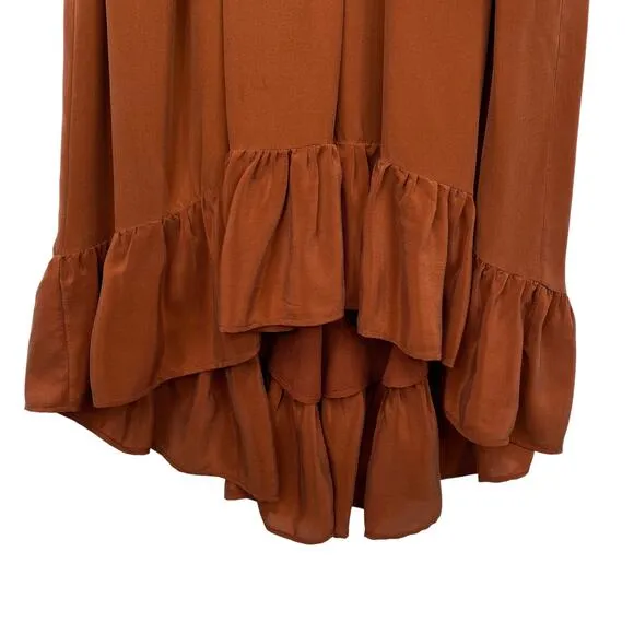 LOVE SAM Blixen Smocked Dress 100% Silk Cognac Brown Ruffles Boho Cowgirl Sz S