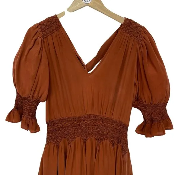 LOVE SAM Blixen Smocked Dress 100% Silk Cognac Brown Ruffles Boho Cowgirl Sz S