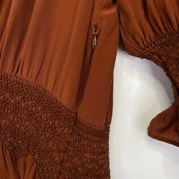 LOVE SAM Blixen Smocked Dress 100% Silk Cognac Brown Ruffles Boho Cowgirl Sz S