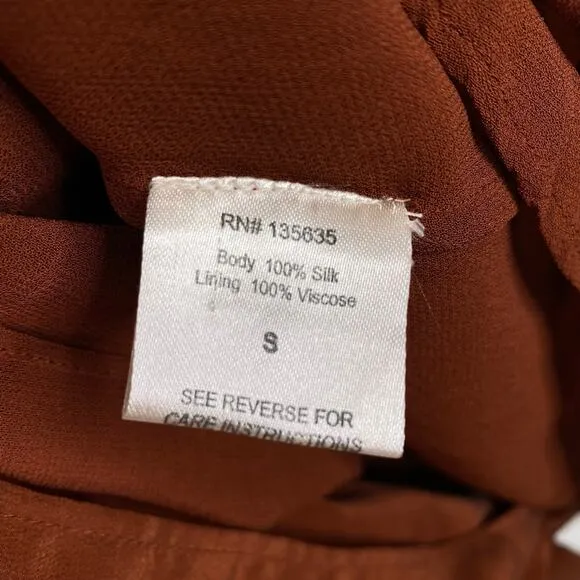LOVE SAM Blixen Smocked Dress 100% Silk Cognac Brown Ruffles Boho Cowgirl Sz S