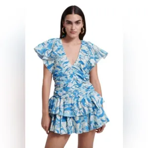 Love The Label Minette Ruffled Mini Dress Floral Flutter Sleeve V Neck, Size L