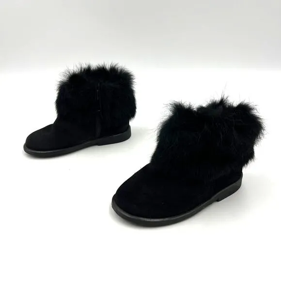 Luccini Suede Boots with Rabbit Fur Trim Black Ankle Booties