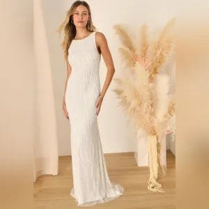 Lulus | Glamourous Ever After White Sequin Beaded | Backless Maxi Dress | Size M