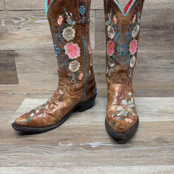 Macie Bean Rose Garden Brown Leather Western Boots Women's Size 7