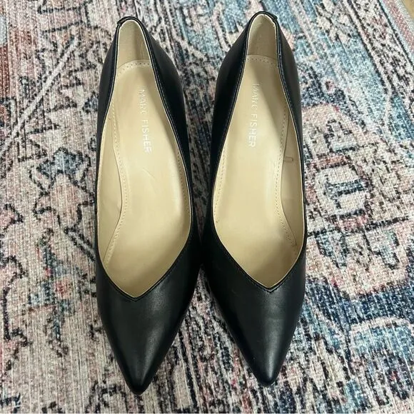 Marc Fisher Caitlin Pump Block Heel Point Toe Faux Leather Black Size 7.5