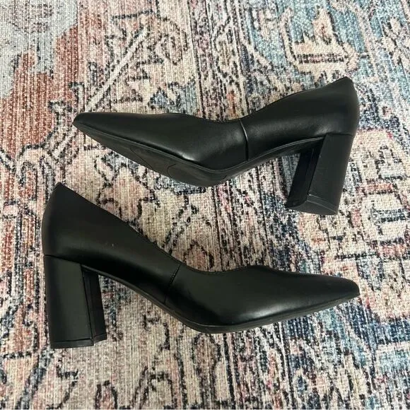 Marc Fisher Caitlin Pump Block Heel Point Toe Faux Leather Black Size 7.5