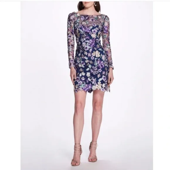 MARCHESA NOTTE Illusion Floral Mini Dress
