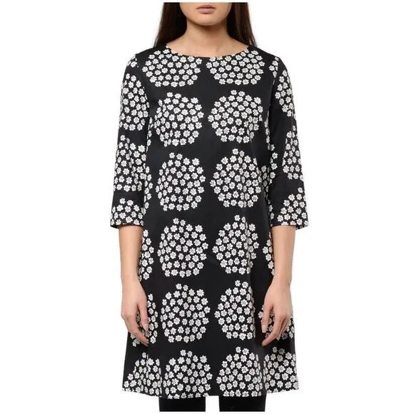 Marimekko Unelma Puketti A-Line Tunic Dress Black White 3/4 Sleeve Size 34