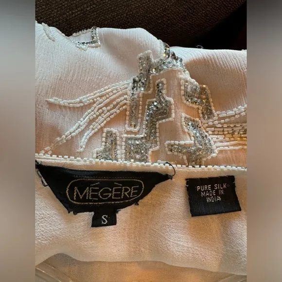 MEGERE Vintage Silk Long Sleeve Pink White Beaded Silver Sequins Skirt Set Small
