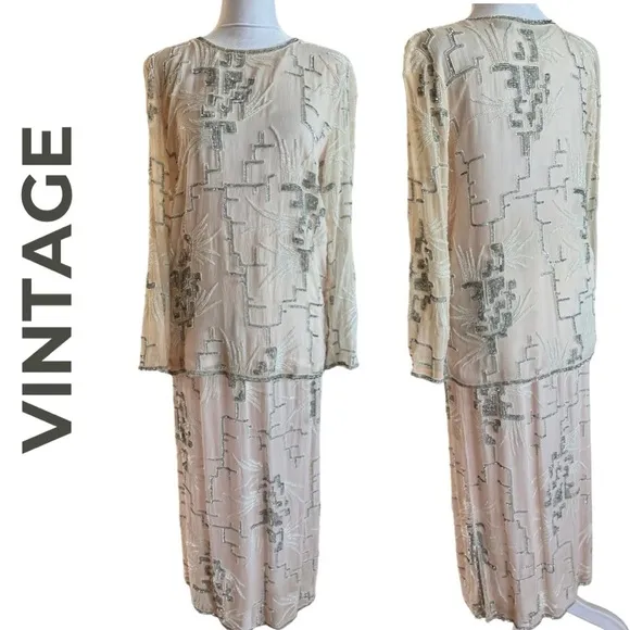 MEGERE Vintage Silk Long Sleeve Pink White Beaded Silver Sequins Skirt Set Small