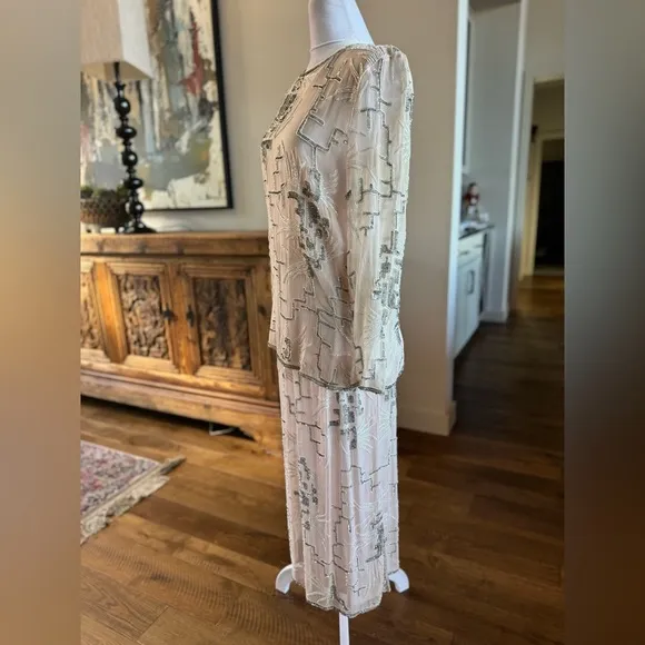 MEGERE Vintage Silk Long Sleeve Pink White Beaded Silver Sequins Skirt Set Small