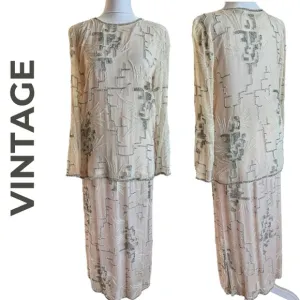 MEGERE Vintage Silk Long Sleeve Pink White Beaded Silver Sequins Skirt Set Small
