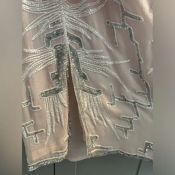 MEGERE Vintage Silk Long Sleeve Pink White Beaded Silver Sequins Skirt Set Small