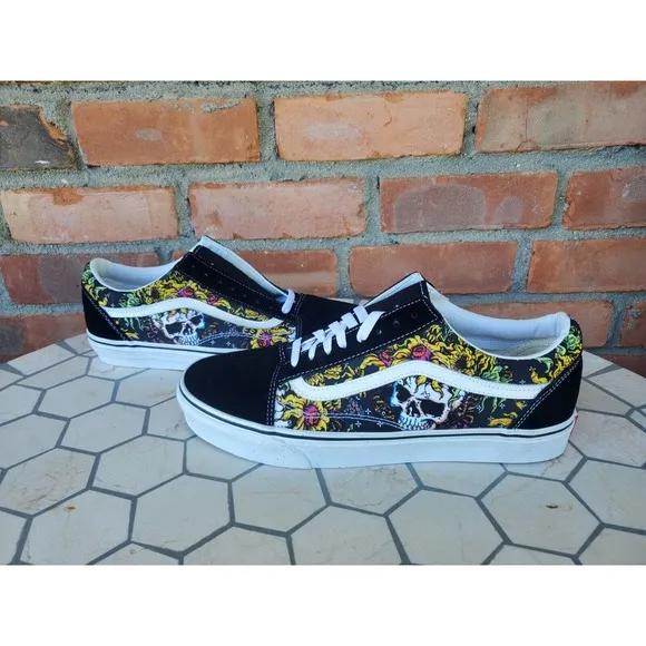 Men Sz 10 Vans Old Skool Beauty Skull Black True White Canvas Suede Shoes Rare
