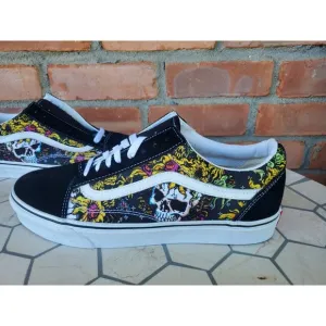 Men Sz 10 Vans Old Skool Beauty Skull Black True White Canvas Suede Shoes Rare