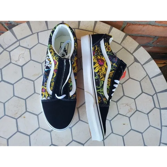 Men Sz 10 Vans Old Skool Beauty Skull Black True White Canvas Suede Shoes Rare