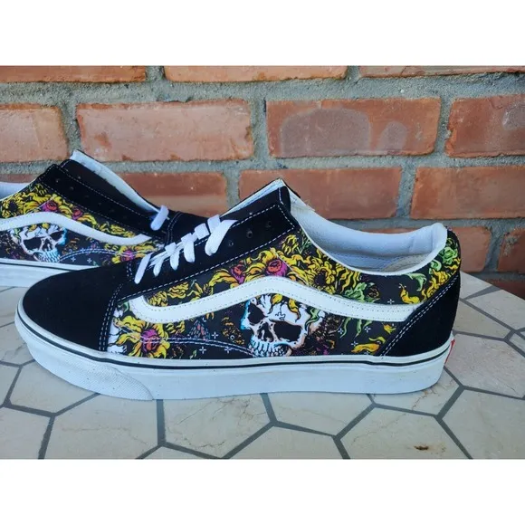 Men Sz 10 Vans Old Skool Beauty Skull Black True White Canvas Suede Shoes Rare