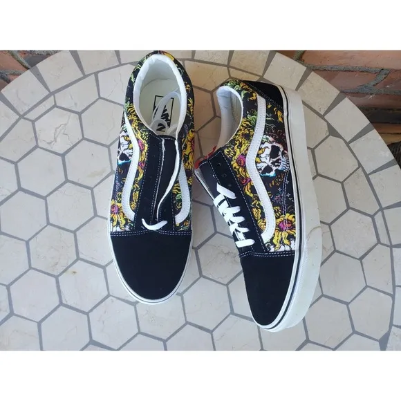 Men Sz 10 Vans Old Skool Beauty Skull Black True White Canvas Suede Shoes Rare