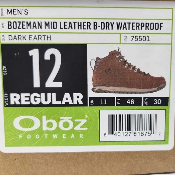 Men's 12 Oboz Bozeman Mid Leather B-Dry waterproof hiking boots Dark Earth