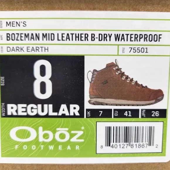 Men's 8 Oboz Bozeman Mid Leahter B-Dry waterproof hiking boots Dark Earth