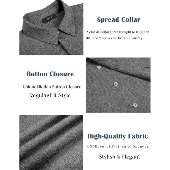 Men's A-dark Grey Linen Short Sleeve Button Down Casual Shirt Business Dress