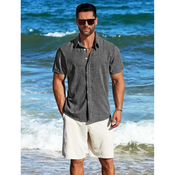 Men's A-dark Grey Linen Short Sleeve Button Down Casual Shirt Business Dress