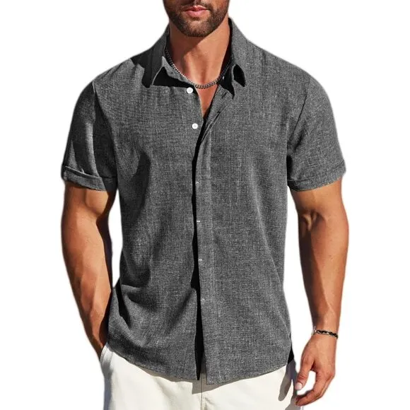 Men's A-dark Grey Linen Short Sleeve Button Down Casual Shirt Business Dress
