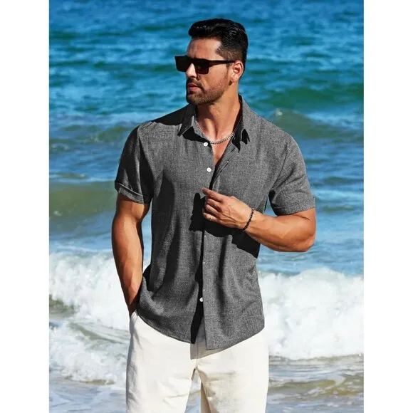 Men's A-dark Grey Linen Short Sleeve Button Down Casual Shirt Business Dress