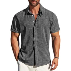 Men's A-dark Grey Linen Short Sleeve Button Down Casual Shirt Business Dress