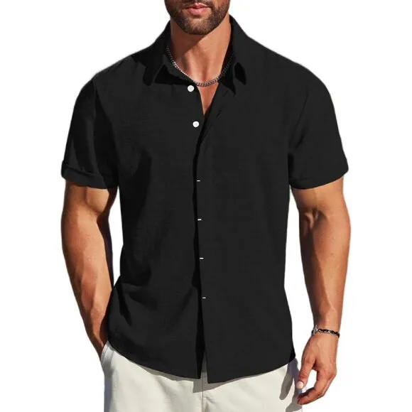 Men's Black Linen Short Sleeve Button Down Casual Shirt Business Dress