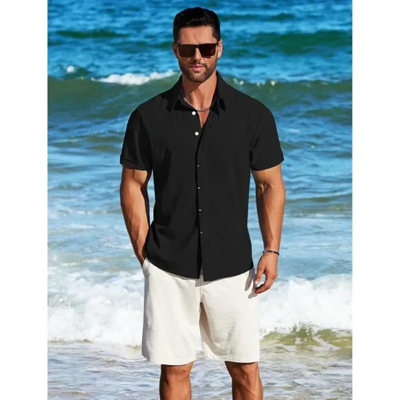 Men's Black Linen Short Sleeve Button Down Casual Shirt Business Dress
