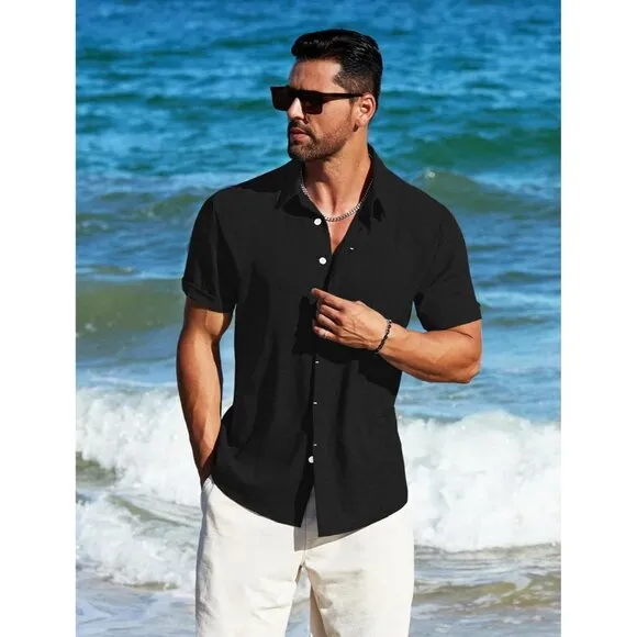 Men's Black Linen Short Sleeve Button Down Casual Shirt Business Dress