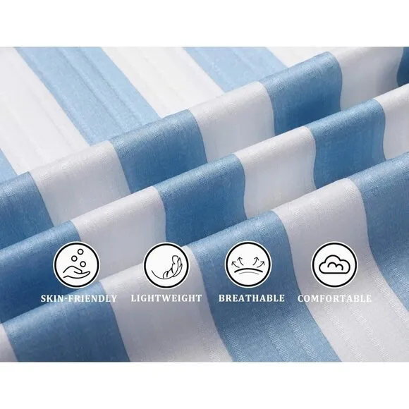 Men's Blue Thick Stripe Casual Short Sleeve Button Down Textured Beach Shirts