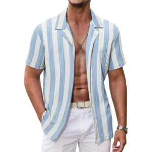 Men's Blue Thick Stripe Casual Short Sleeve Button Down Textured Beach Shirts